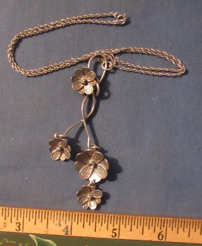 Vintage Sterling Silver Asymmetrical 3D Flower Floral Dangle Necklace 18'' Chain