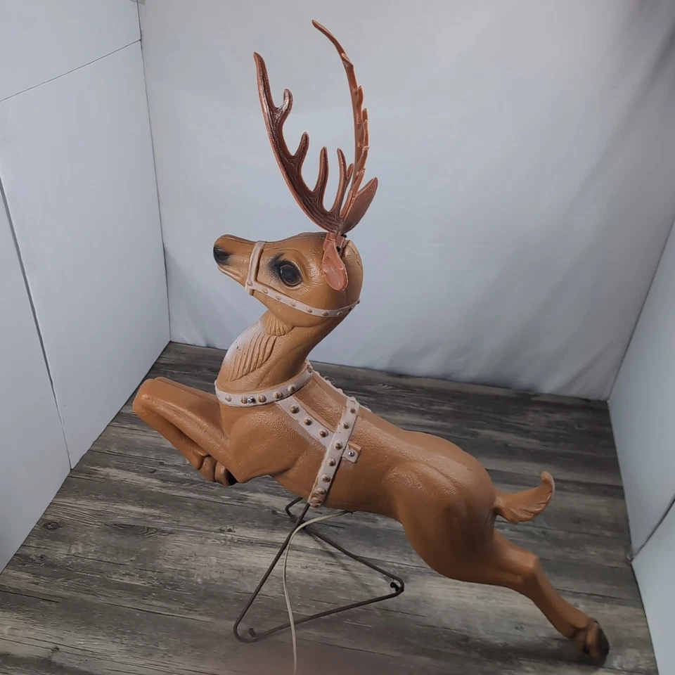 Vintage POLORON Christmas Santa Sleigh Reindeer Lighted Blow Mold W/Stand - Image 3 of 4