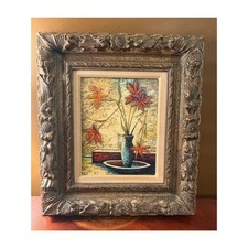 Mid-Century Impasto Floral Oil Painting Signed Takeshi in Stiffel Frame