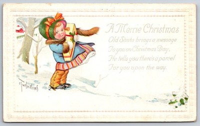 Charles Twelvetrees Christmas~Lil Girl In Snow~Holds Gift Tight On Windy Day~Emb