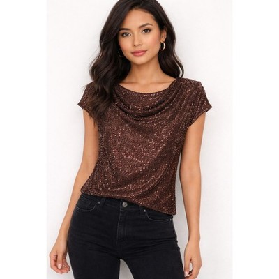 CeCe Brown Sequin Sleeveless Top   Shimmer Party Blouse   Size M