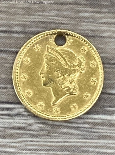 1851 $1 One Dollar 90% 22K Gold Coin Liberty Head Wreath Holed Unknown Mint 1.6g