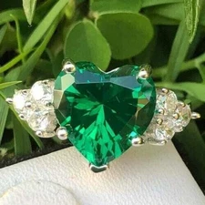 4.10 Ct Heart Cut Emerald & Moissanite Ring 14K White Gold Finish