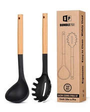 Silicone Pasta Fork and Ladle Spoon Set with Wooden Handle, Non Stick Kitchen...