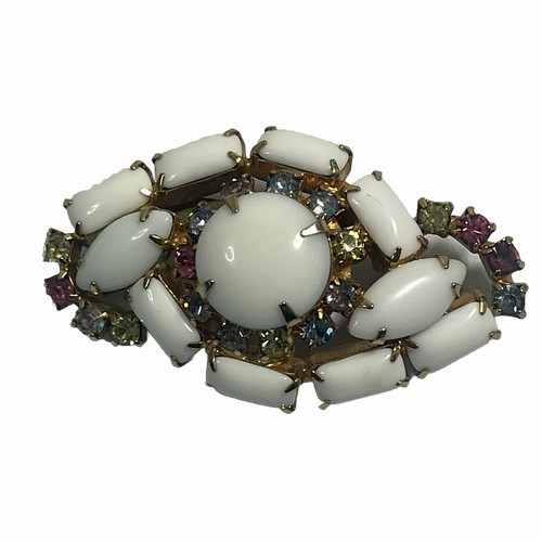 Vintage Pastel Multicolor Rhinestone Milk Glass Brooch Pin Gold Tone