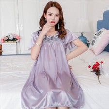 Lady Floral Satin Nightdress Short Sleeve Lace Nightgown Nightwear Pyjamas Fairy