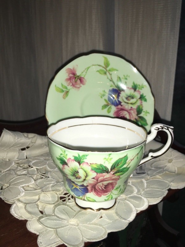 Paragon China Cup & Saucer pale green Multi floral bone England Double Warrant