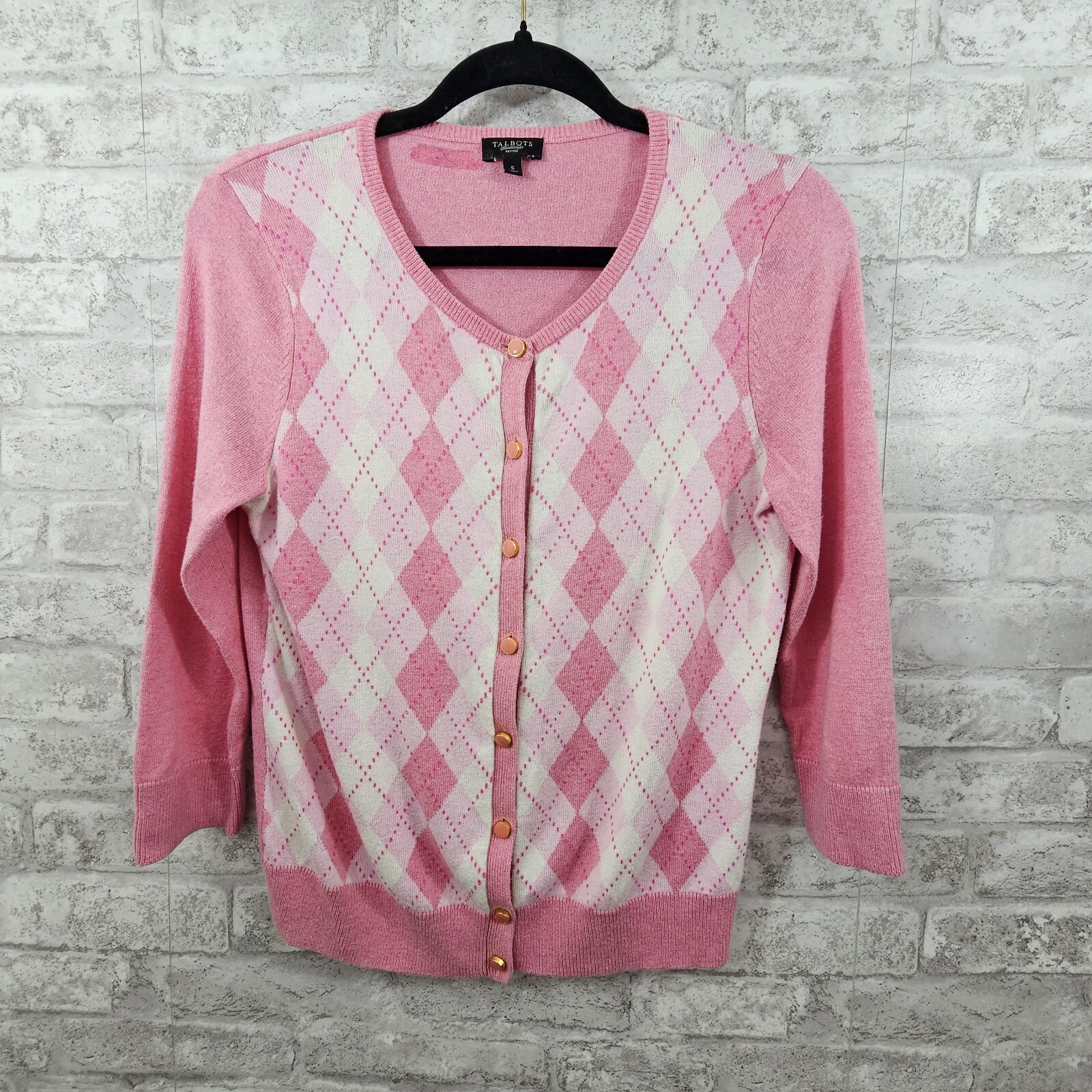 Talbots Womens PS Pink Diamond Argyle Lightweight Cardigan Sweater