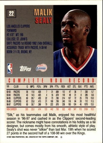 1997-98 Topps Los Angeles Clippers Basketball Card #22 Malik Sealy | eBay