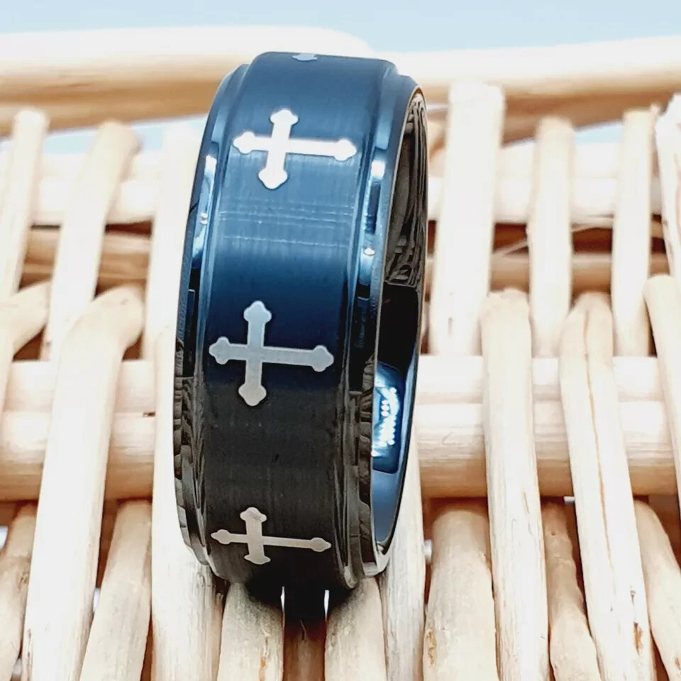 Women's Cross Engagement Ring Multiple Christian Cross Black Tungsten Men Ring