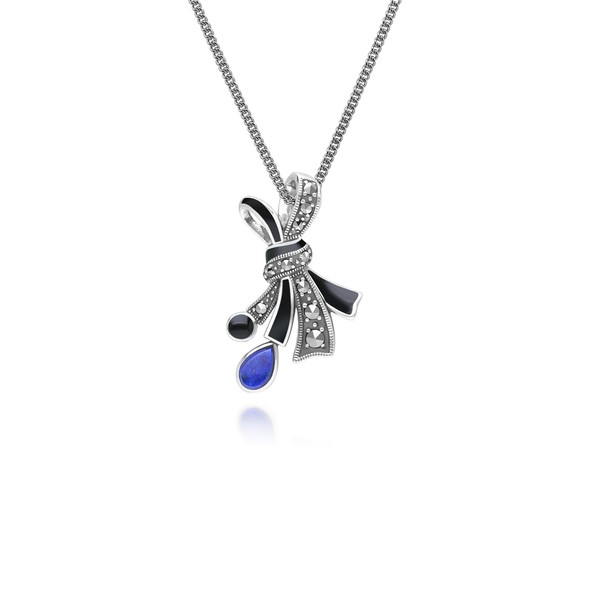 Sterlingsilber Jugendstil Markasit & Lapislazuli Schleife AnhäNger Halskette-image