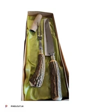 Sheffield England Westall Richardson stag crown antler 2 Pc CARVING SET VINTAGE