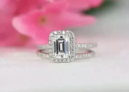 Emerald Cut Lab Created Diamond Women Wedding Ring 14K White Gold Plated Silver - Picture 3 of 4