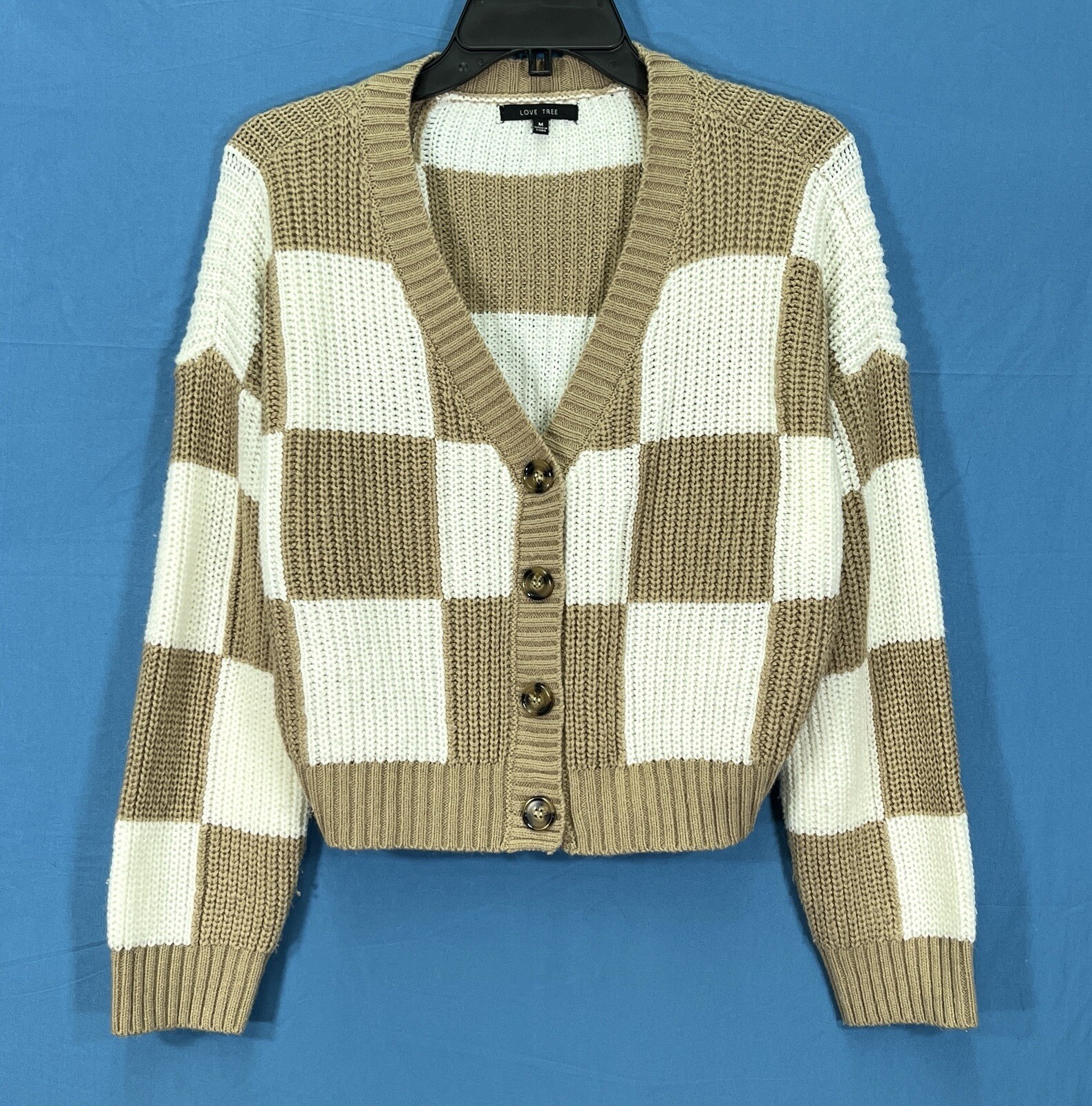 LOVE TREE Tan/White CHECK Mid-Weight Knit BUTTON-UP Cropped SWEATER CARDIGAN M