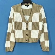 LOVE TREE Tan/White CHECK Mid-Weight Knit BUTTON-UP Cropped SWEATER CARDIGAN M