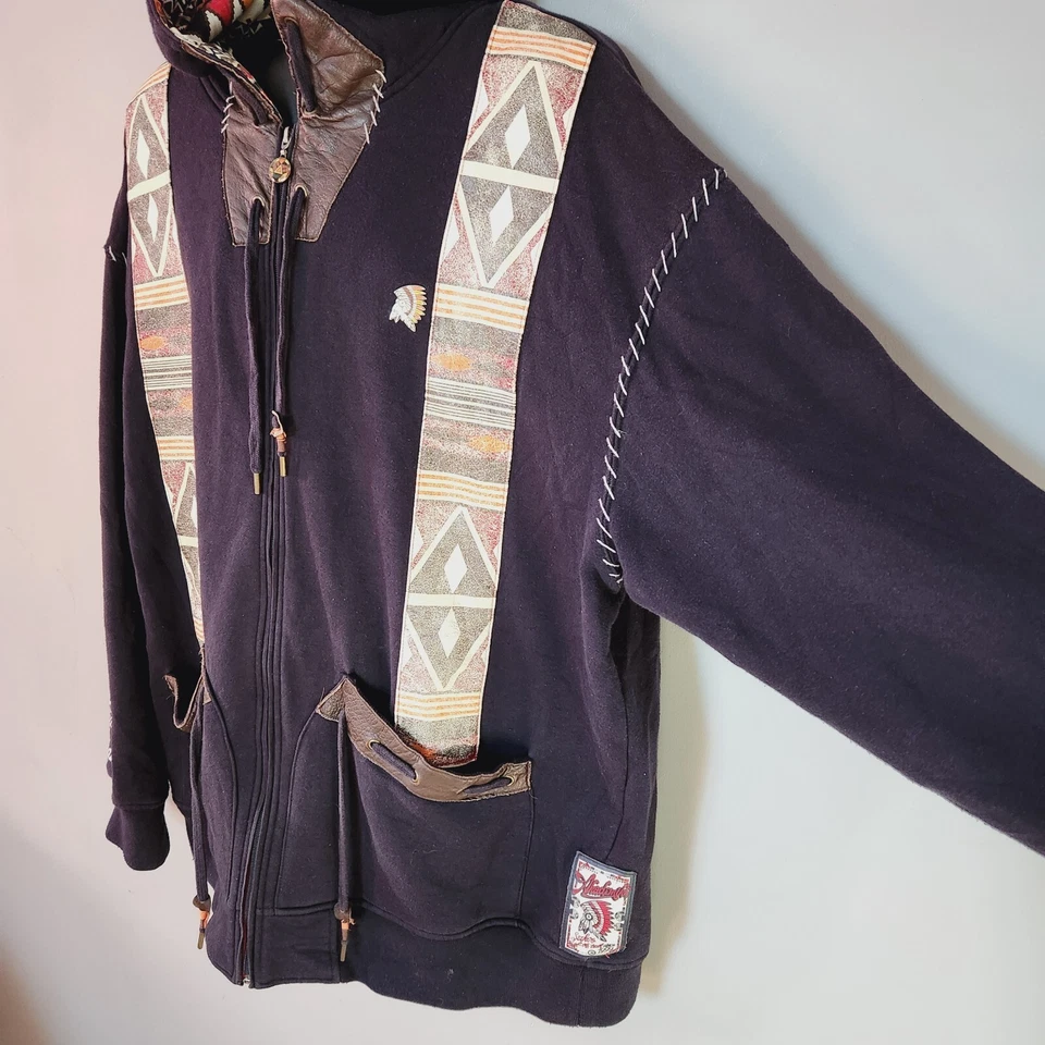Sudadera con Capucha Akademiks Indian Native Warrior Cremallera Negra 3XL Borde de Cuero Primera Nación Foto 3 de 4