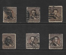 U.S. SCOTT 222 USED x 6 - 1890 4c DARK BROWN - SMALL BANK NOTE ISSUE (C)