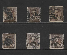 U.S. SCOTT 222 USED x 6 - 1890 4c DARK BROWN - SMALL BANK NOTE ISSUE (C)