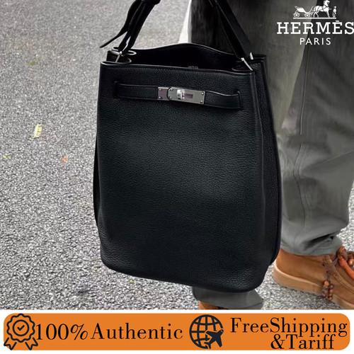 Auth Hermes Noir So Kelly 22 Black Togo Leather Shoulder Handbag PHW—