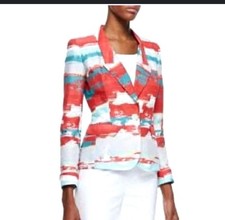 NWT Lafayette 148 Adina Abstract Print Jacket Button Turquoise Multi SZ-10 598