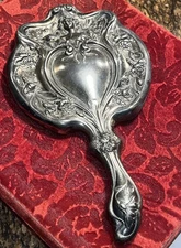 Antique Art Nouveau Flowing Hair Woman Victor Silver Plate Vanity Hand Mirror