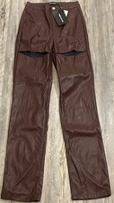 PrettyLittleThing Chocolate Faux Leather Thigh Split Straight Leg Trousers
