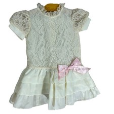Vintage Winnie The Pooh Formal Party Dress Toddler 3T Ivory Cream Pink Bow Lace