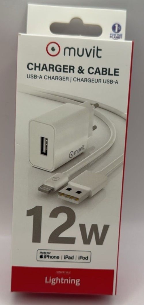 Muvit Charger & 1m Lightning Cable USB-A 12W Fast Charge – iPhone iPad iPod NEW