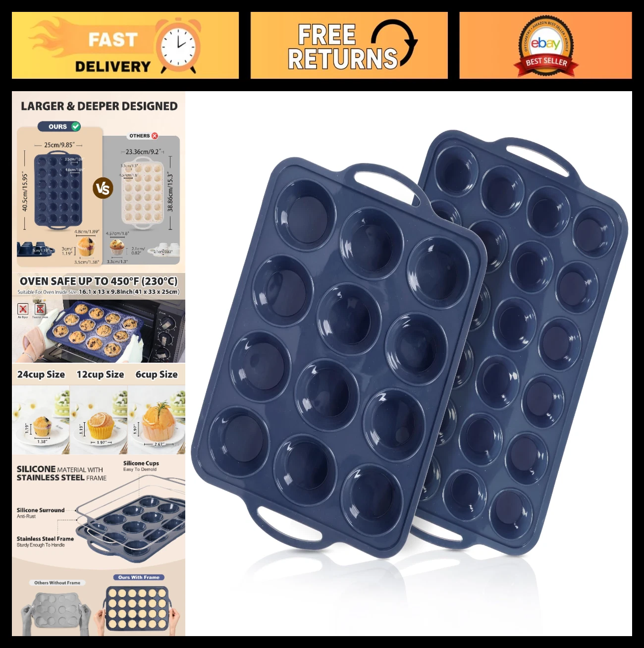 2 Pack Non-Stick Silicone Muffin Pan 12 & 24 Cup with Metal Frame, BPA Free, Gre