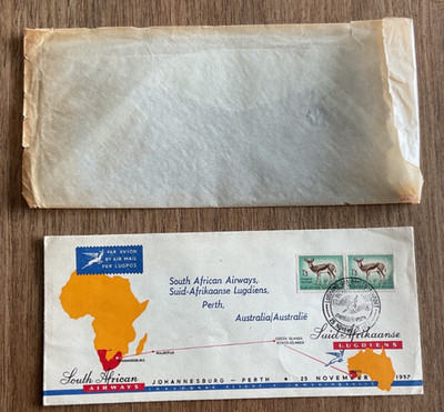 Vtg 1957 Johannesburg South Africa First Flight Airmail cover To Perth Australia