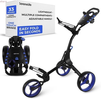 SereneLife Golf Push Cart 3 Wheel, Ultra Lightweight Aluminum Foldable Cart, new