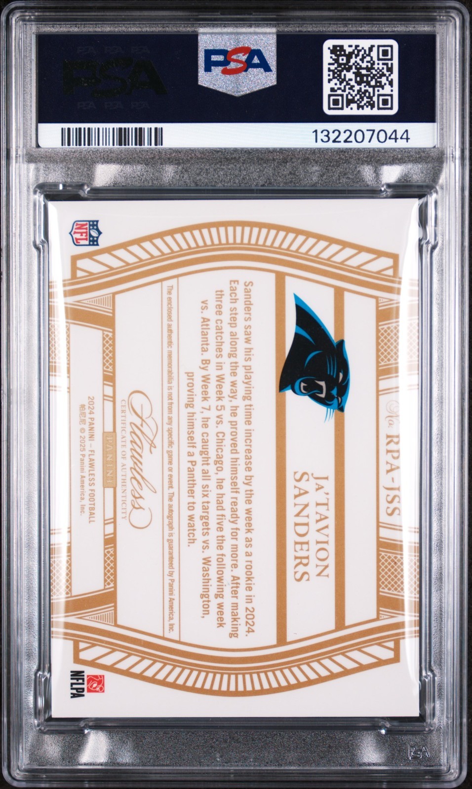 2024 PANINI FLAWLESS ROOKIE PATCH AUTO RPA JA'TAVION SANDERS EMERALD /5 PSA 9 view 3