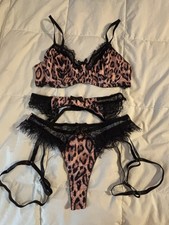 VTG Black Satin Bra and garter and panties set With Cheetah print Size L