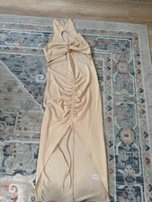 PRETTYLITTLETHING Beige Ruched Cut Out Strappy Long Bodycon Dress US 10