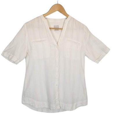 Chico's Women's Linen Short Sleeve Button Up Blouse Cream Gold Thread Size Small