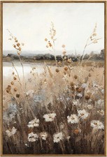 Vintage Wall Art Framed, Countryside Autumn Wildflower Field Landscape Canvas...