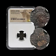 ROME. 337, Æ4 Nummus - NGC XF - Constantius II, GLORIA EXERCITVS, Unknown 048