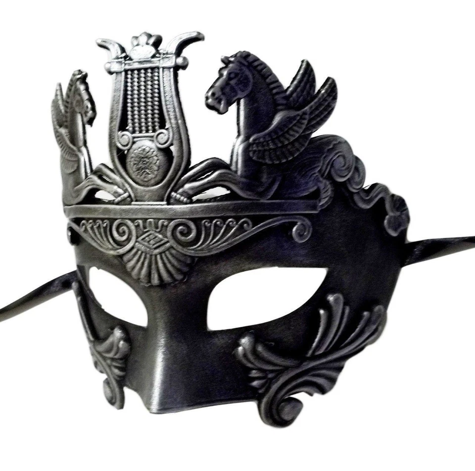 Brushed Silver Antique Warrior Greek Pegasus Masquerade Mardi Gras Men's Mask - Image 2 of 2