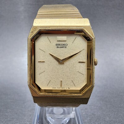 Seiko Tank Watch Men 26mm White Dial Gold Tone Rectangle 7430-5409