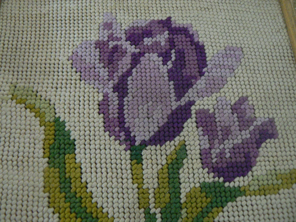 ANCIENNE TAPISSERIE ENCADREMENT BOIS DORE IRIS CANEVAS BRODERIE DEMI POINT - Photo 2/4