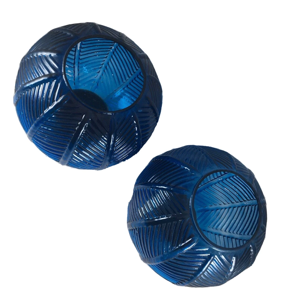 Vintage 2 Large Blue Palm Leaf Regency Style Glass Lantern Votive Holders 7" - Image 2 of 4