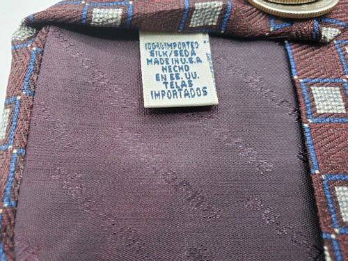 Claiborne Tie Silk Brown Blue White Squares Geometric Design L 58” W 3 3/4” - Picture 4 of 6