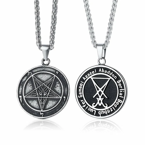 Men's Stainless Steel Baphomet GOAT Sigil of Lucifer Coin Pendant Necklace