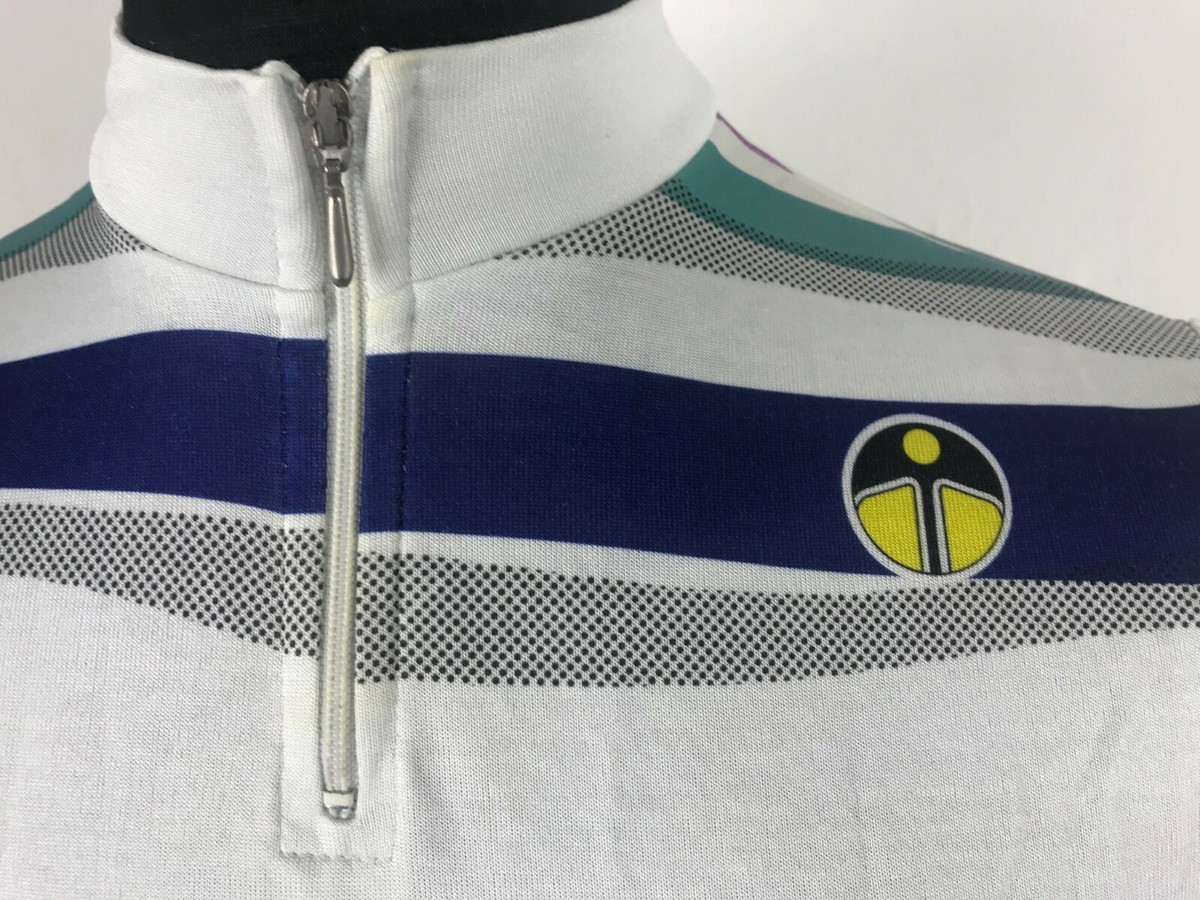 Maillot Cyclisme Vintage Gieseggi - Homme Taille M, Rayures Blanc/bleu/violet/vert, 1/4 Zip, Italie