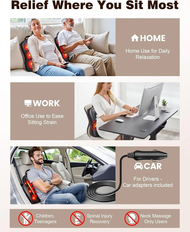 New Shiatsu Full Back Massager with Heat 3D Deep Tissue Kneading Massage Cushion - Image 4 of 4