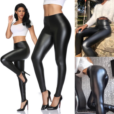 Women Stretchy Faux Leather Leggings High Waisted Tummy