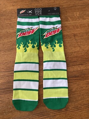 1 Pair Odd Sox Mountain Dew Crew Socks NWT Fits Size 6-13 New Free Shipping