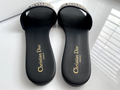 $775 Christian Dior DWAY NAVY BLUE FABRIC LEATHER Slides SANDALS