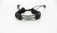 Christian Religious Cross Plate Jesus Genuine Leather Unisex Bracelet
