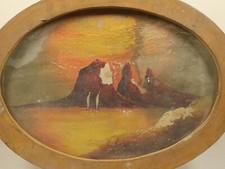 Vintage Oval Framed Landscape Oil Painting, Sunset Mountain Scene, Antique Look